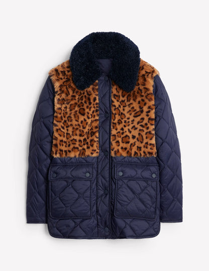Chester Quilted Borg Coat-Navy, Leopard