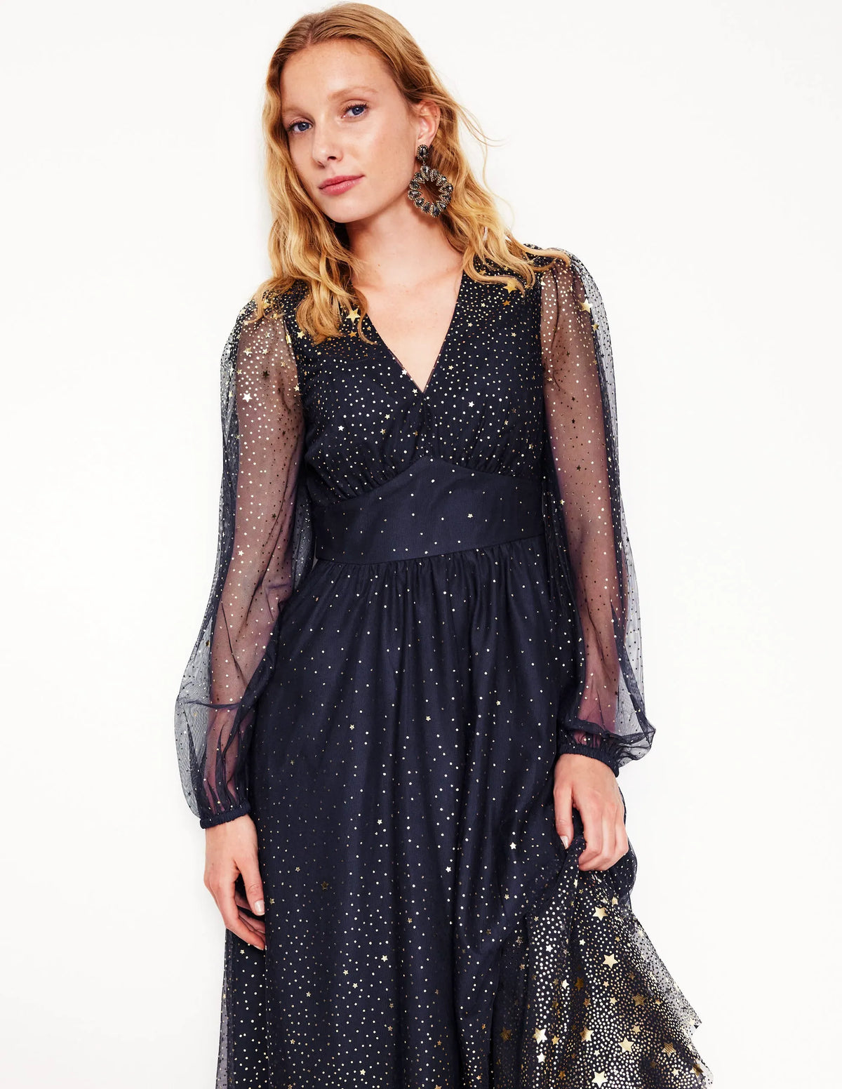 Christina Tulle Midi Dress-Navy, Foil Scattered Stars