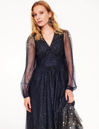 Christina Tulle Midi Dress-Navy, Foil Scattered Stars
