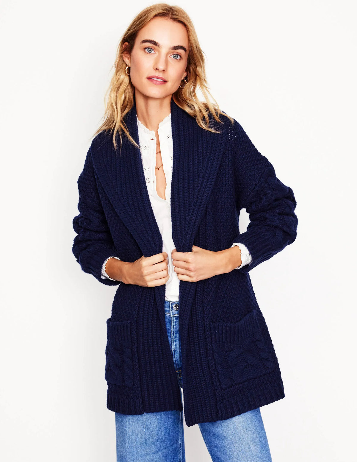 Cable Belted Cardigan-Navy