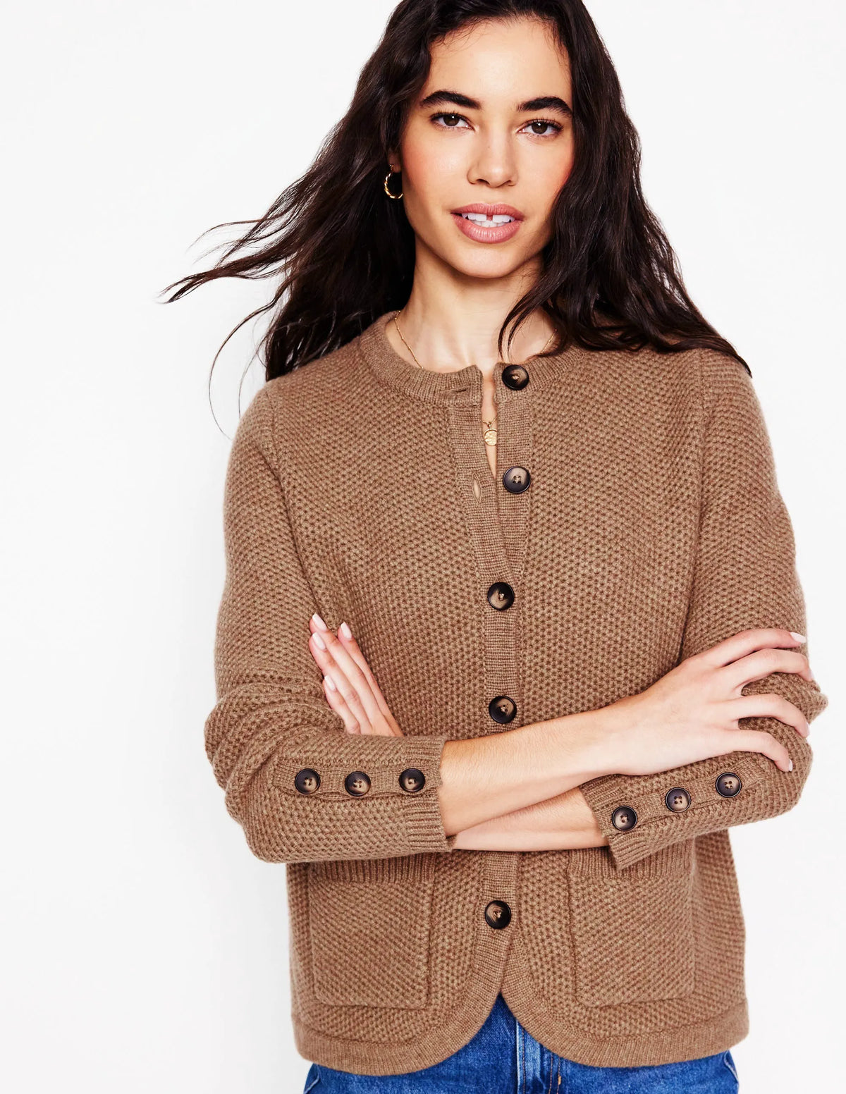 Textured Stitch Cardigan-Praline Brown