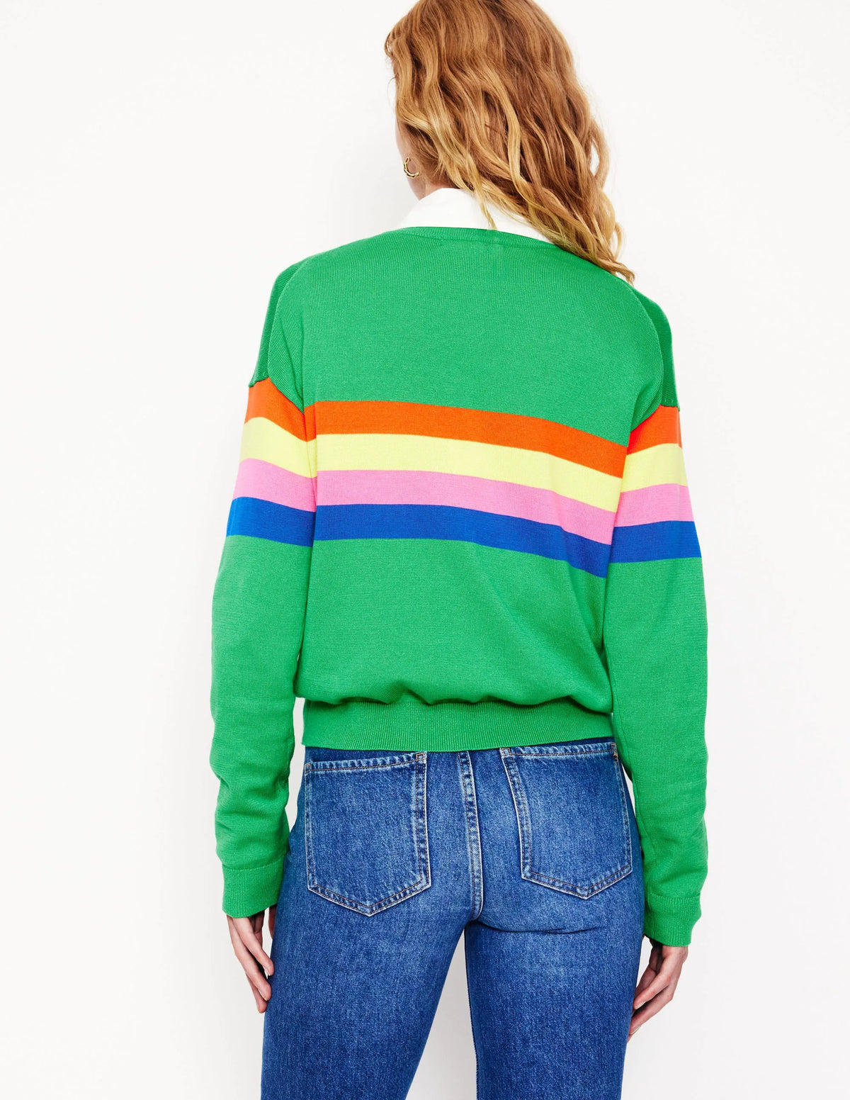 Lara Relaxed Cotton Jumper-Bright Green Chest Stripe