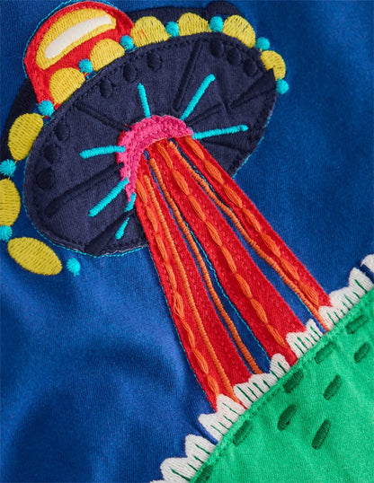 Short Sleeve Appliqué T-shirt-Dino Space