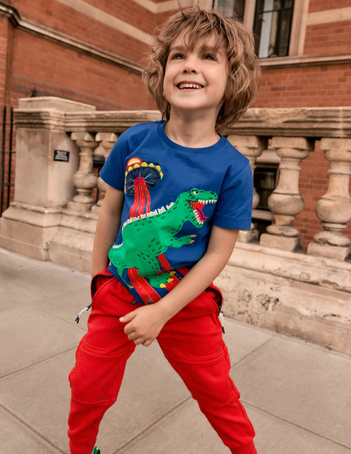 Short Sleeve Appliqué T-shirt-Dino Space