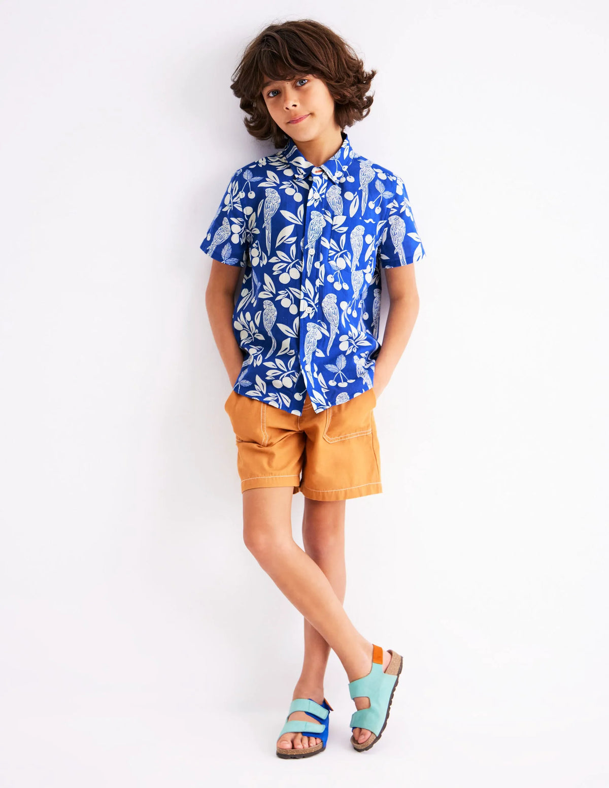 Cotton Linen Shirt-Blue Parrot Palm