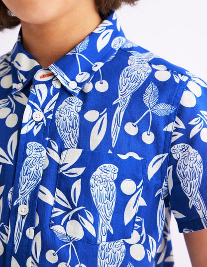 Cotton Linen Shirt-Blue Parrot Palm