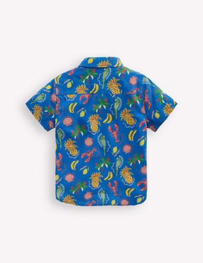 Cotton Linen Shirt-Bright Blue Tropical Print