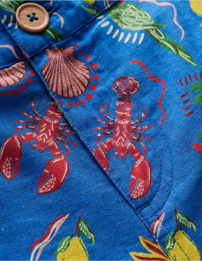 Cotton Linen Shorts-Bright Blue Tropical Tile