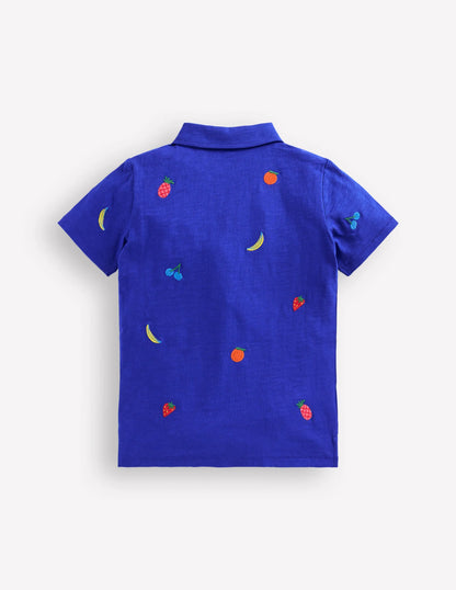 Embroidered Slub Polo Shirt-Fruit Embroidery