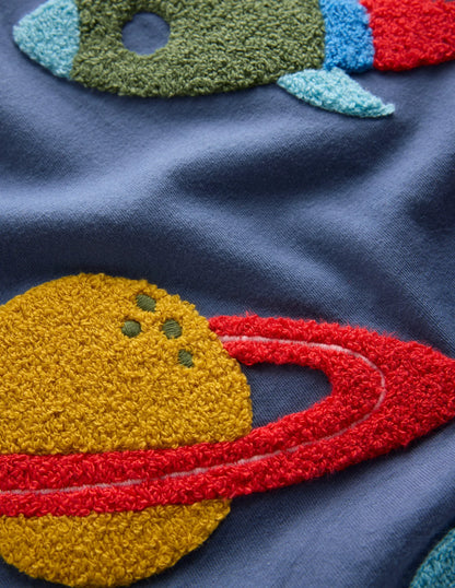 Applique Mock Sleeve T-Shirt-Robot Blue Space