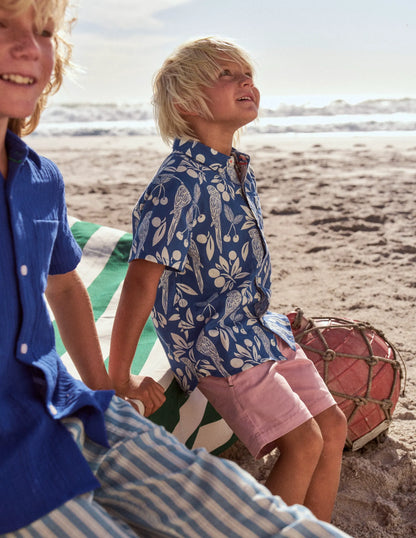 Cotton Linen Shirt-Blue Parrot Palm