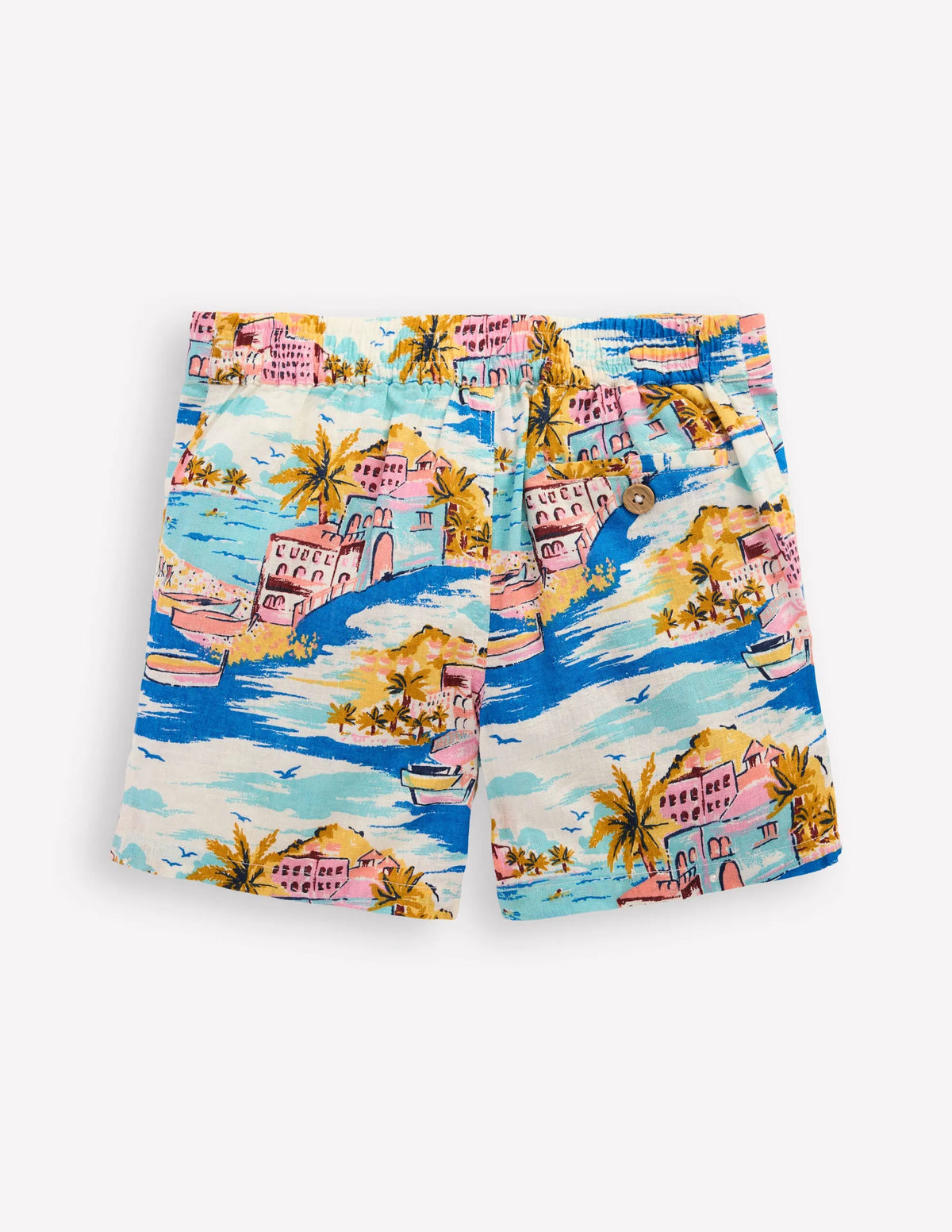 Cotton Linen Shorts-Multi Coastal Scene