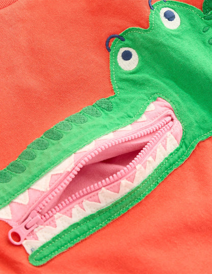 Zip Applique T-shirt-Kiln Orange Crocodile