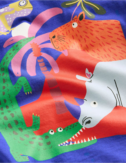 Front & Back Graphic T-shirt-Bright Blue Jungle Animals