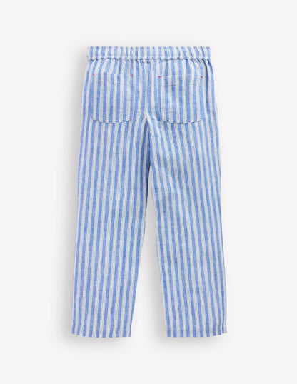 Cotton Linen Pull-On Pants-Blue Ticking
