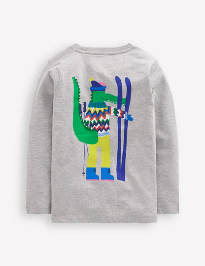 Long Sleeve Novelty T-shirt-Grey Marl Skiing Croc