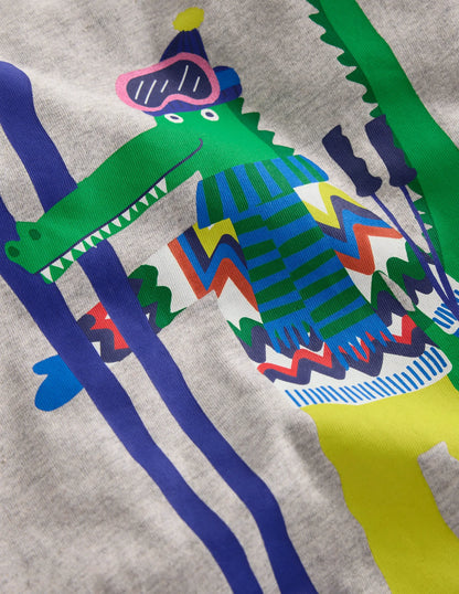 Long Sleeve Novelty T-shirt-Grey Marl Skiing Croc