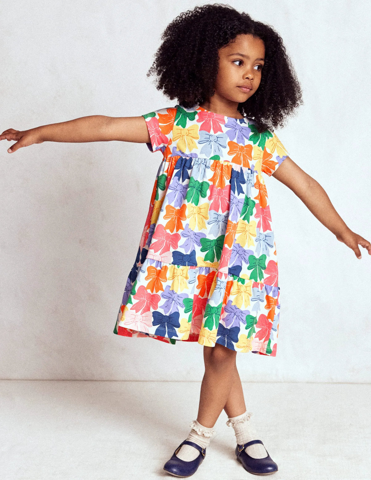 Ariel Twirly Jersey Dress-Multi Rainbow Bows