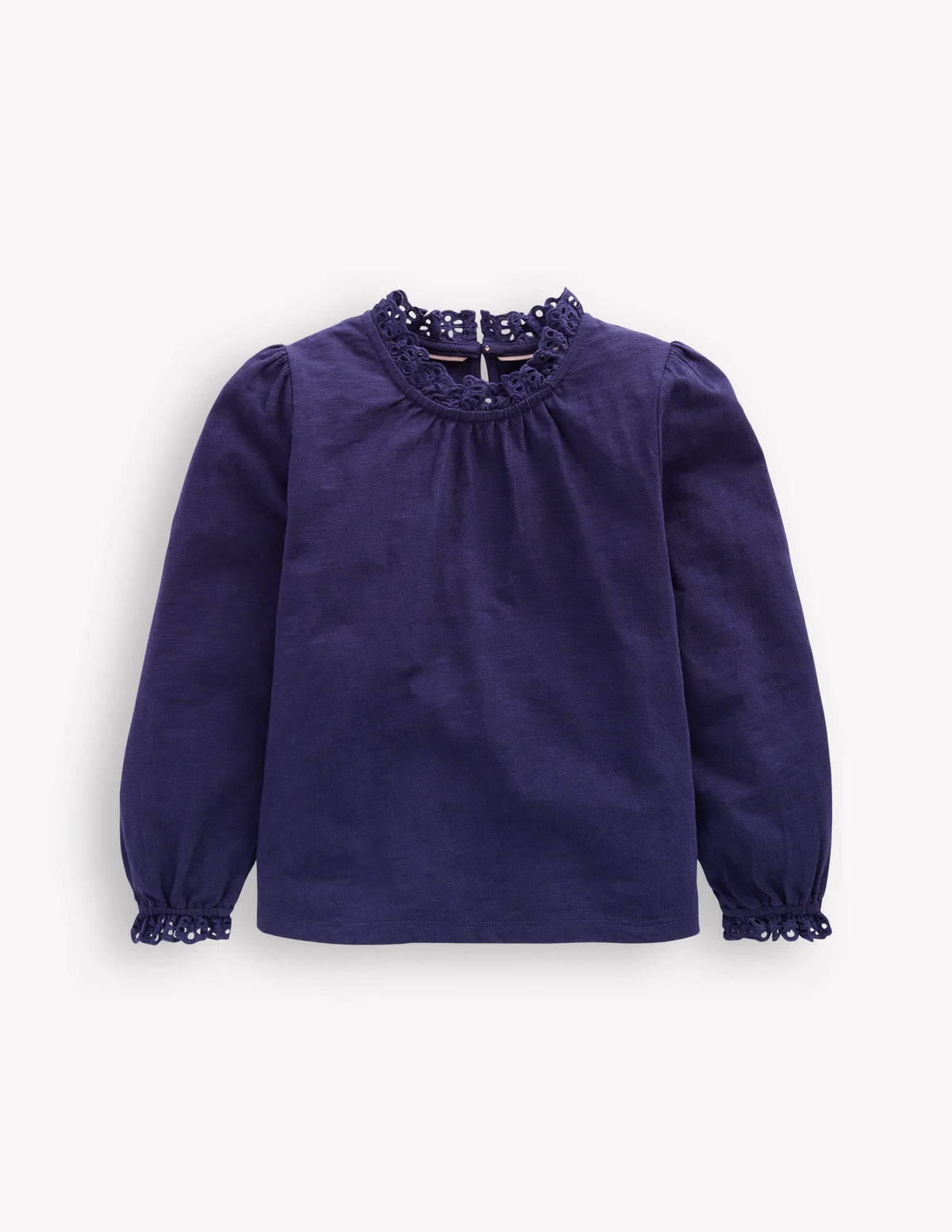Broderie Trim Jersey Top-Starboard Blue