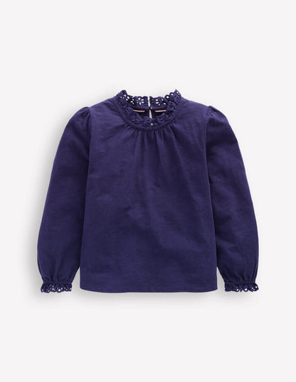 Broderie Trim Jersey Top-Starboard Blue