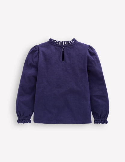 Broderie Trim Jersey Top-Starboard Blue