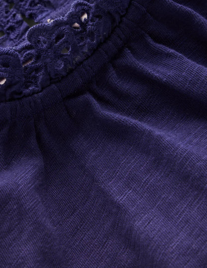 Broderie Trim Jersey Top-Starboard Blue