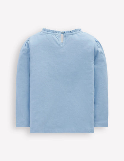Frill Neck Appliqué T-shirt-Glacier Blue Flowers