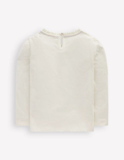 Frill Neck Appliqué T-shirt-Soft Ivory Hearts