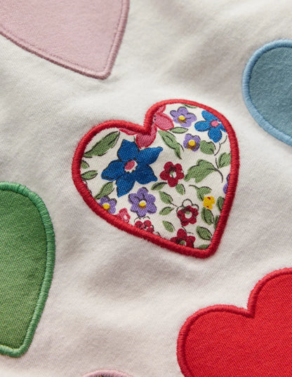 Frill Neck Appliqué T-shirt-Soft Ivory Hearts