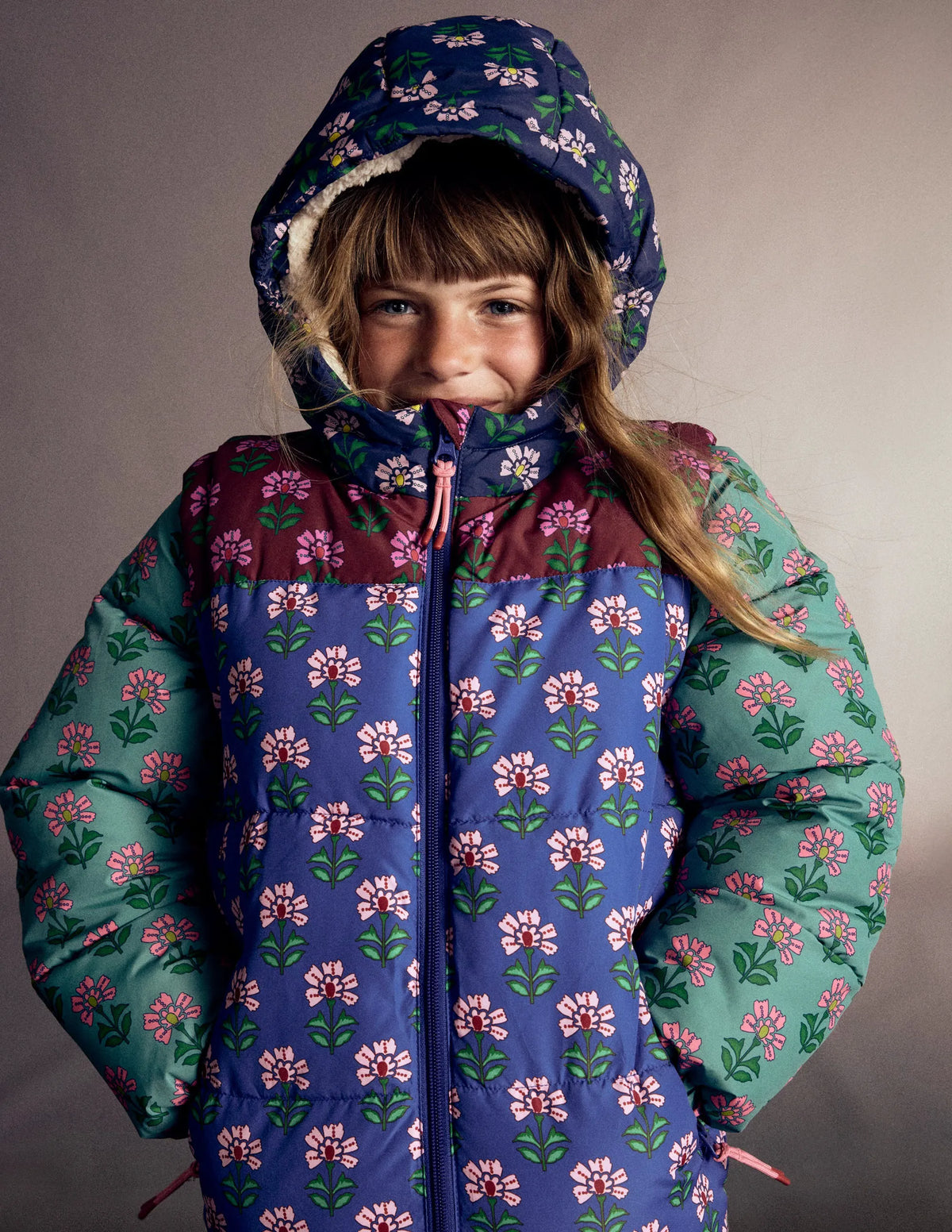 2-in-1 Padded Coat-Multi Woodblock Flower