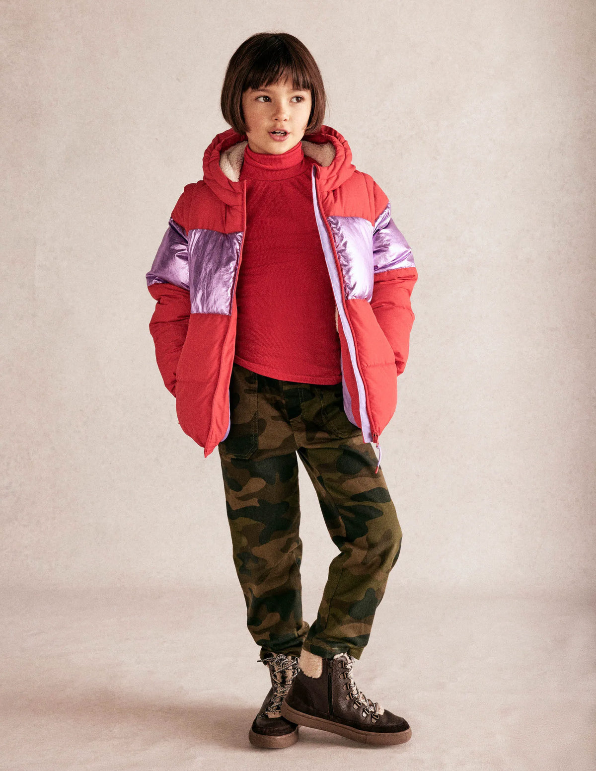 2-in-1 Padded Coat-Red/Pink Metallic