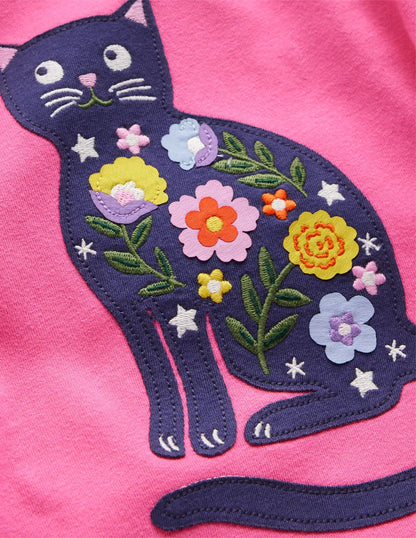 Long Sleeve Appliqué T-shirt-Sorbet Pink Cat