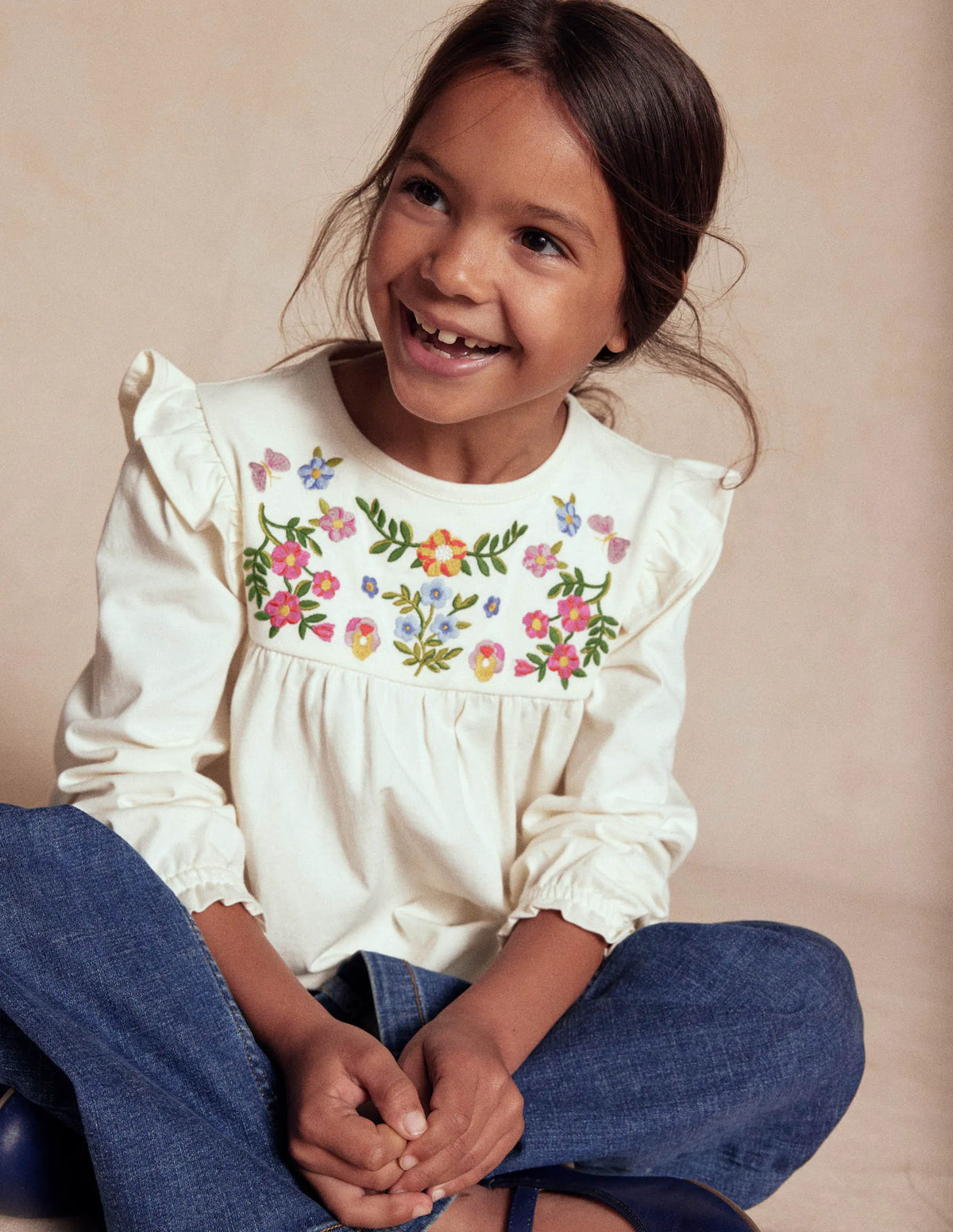Embroidered Jersey Yoke Top-Soft Ivory Embroidery