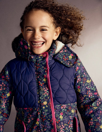 Joni Quilted Parka Coat-Blue Flower Meadow