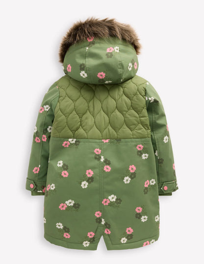 Joni Quilted Parka Coat-Green Floral