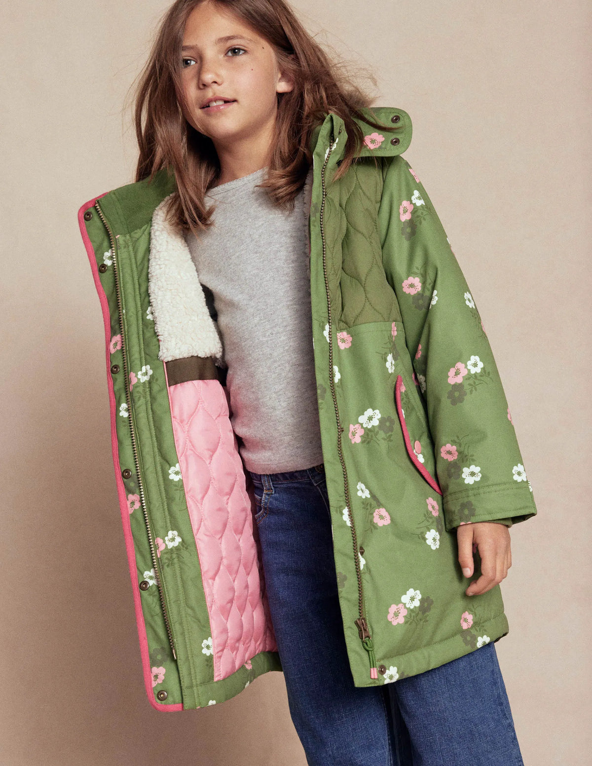 Joni Quilted Parka Coat-Green Floral