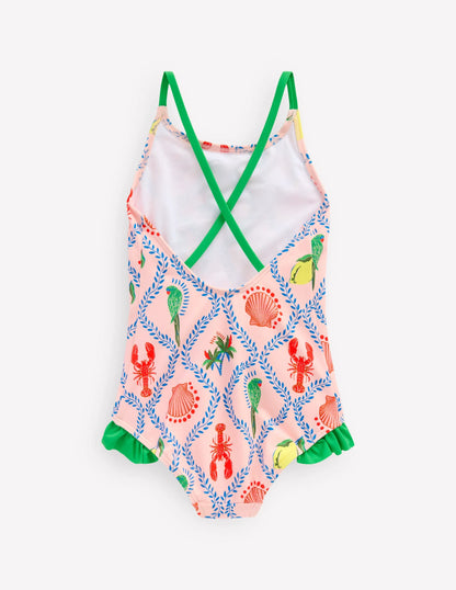 Pretty Cross-Back Swimsuit-Chalk Pink Tropical Print