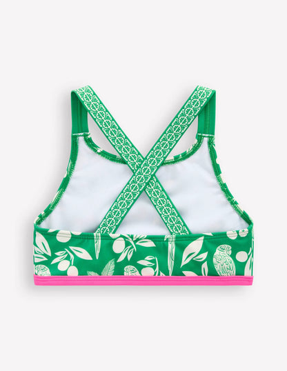Cross-back Bikini Top-Rich Emerald Parrot Palm