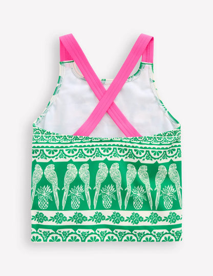 Cross-back Tankini Top-Rich Emerald Parrot Palm