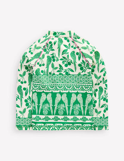 Sun Safe Patterned Rash Vest-Rich Emerald Parrot Palm