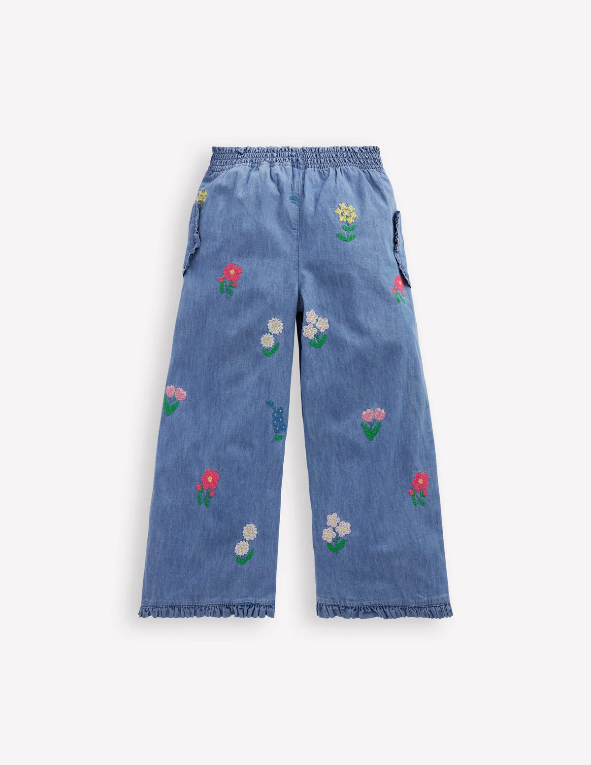 Nostaglic Frill Pants-Chambray Cross Stitch Flowers