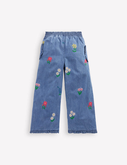 Nostaglic Frill Pants-Chambray Cross Stitch Flowers