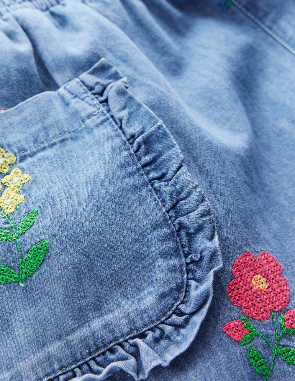 Nostaglic Frill Pants-Chambray Cross Stitch Flowers