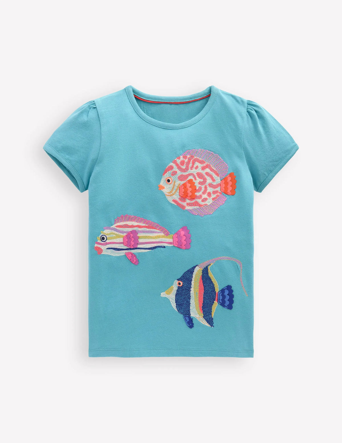 Puff Sleeve Superstitch Top-Aqua Sea Blue Fish