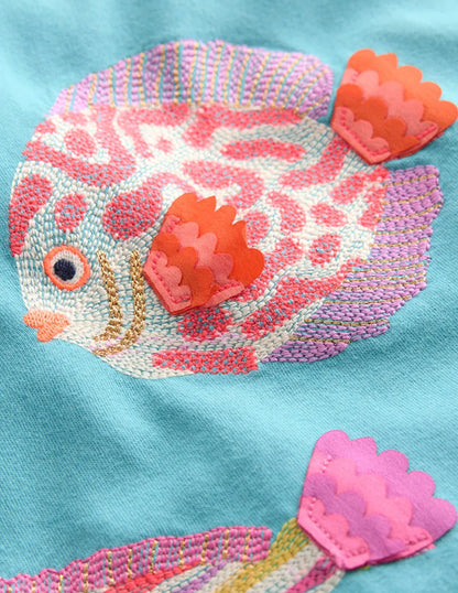Puff Sleeve Superstitch Top-Aqua Sea Blue Fish
