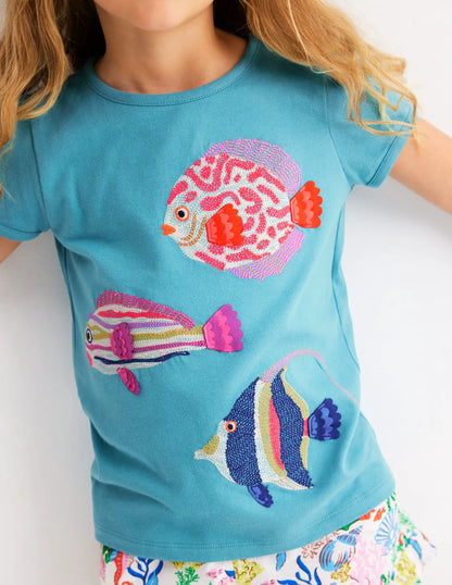 Puff Sleeve Superstitch Top-Aqua Sea Blue Fish