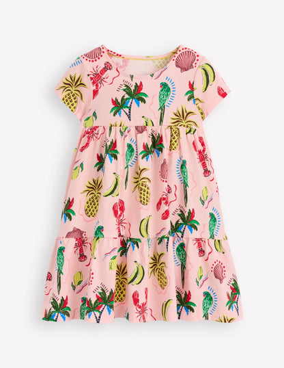Ariel Twirly Jersey Dress-Chalk Pink Tropical Print