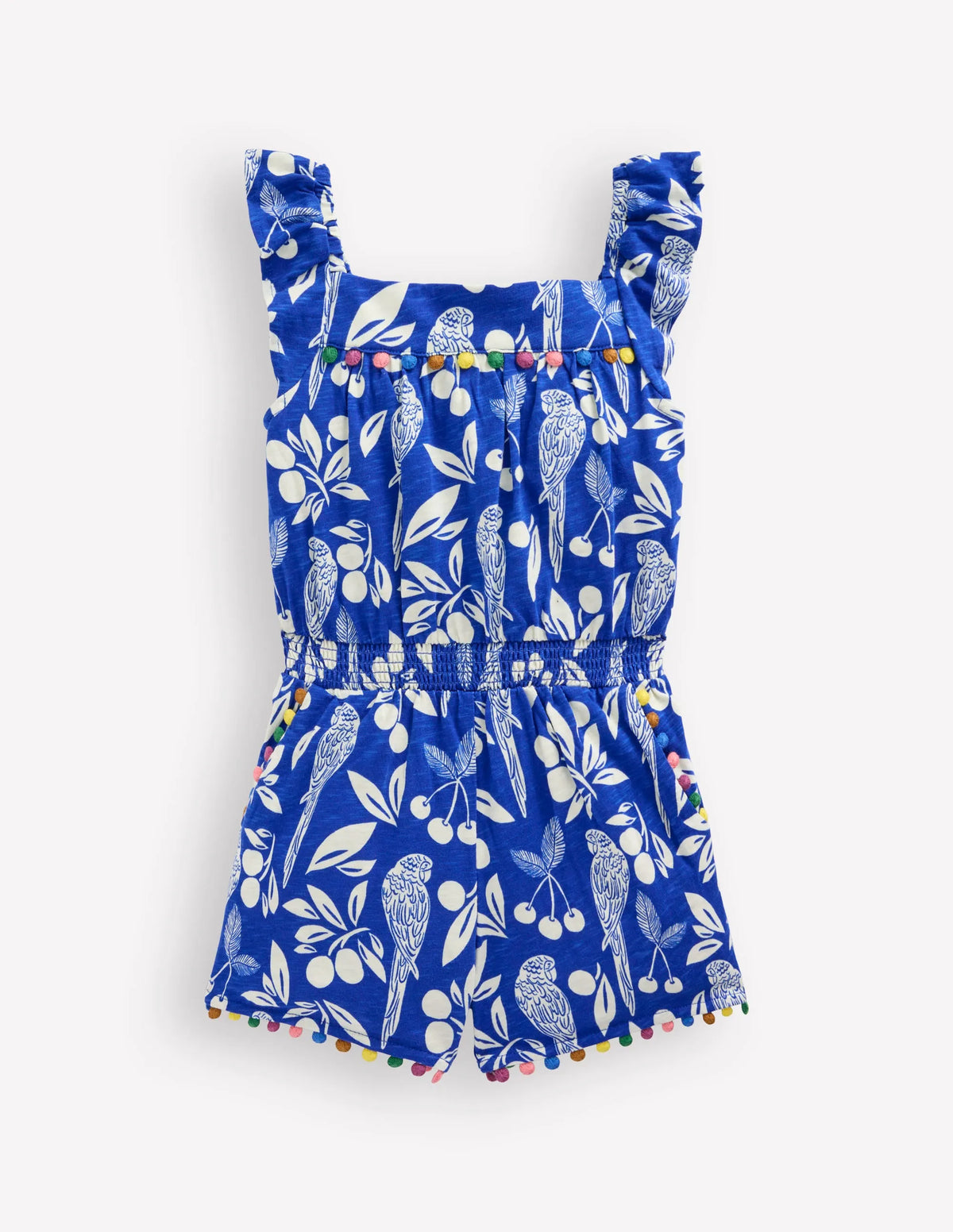 Ciara Pom Trim Jersey Romper-Bright Blue Parrot Palm
