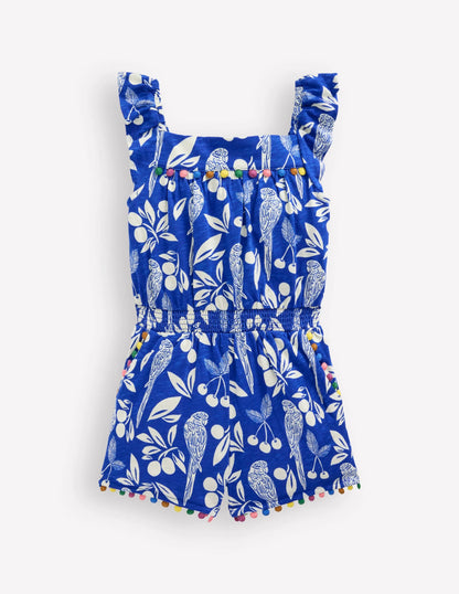 Ciara Pom Trim Jersey Romper-Bright Blue Parrot Palm