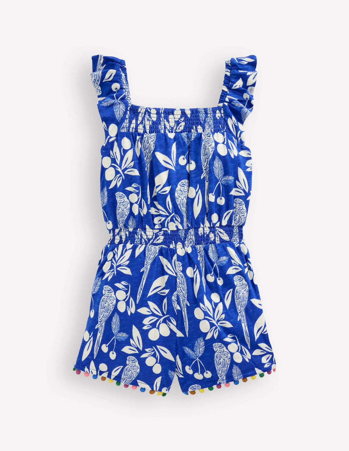 Ciara Pom Trim Jersey Romper-Bright Blue Parrot Palm